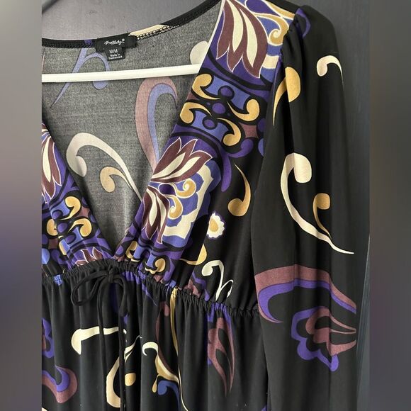 Rapsody Black Purple Tan White Floral Swirl Print V-Neck Dress Lots of stretch - Picture 2 of 6